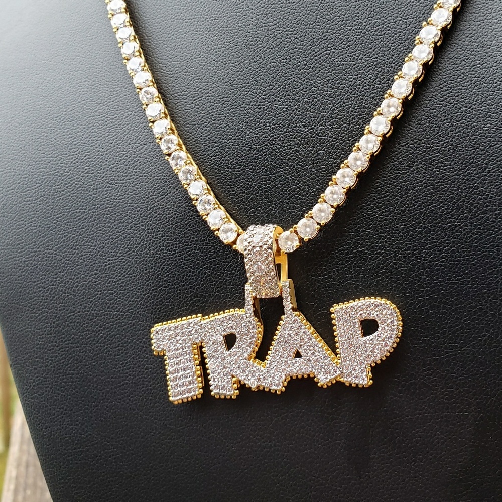14k GP Simulated Diamond TRAP Tennis Chain Set - Picture 3 of 3